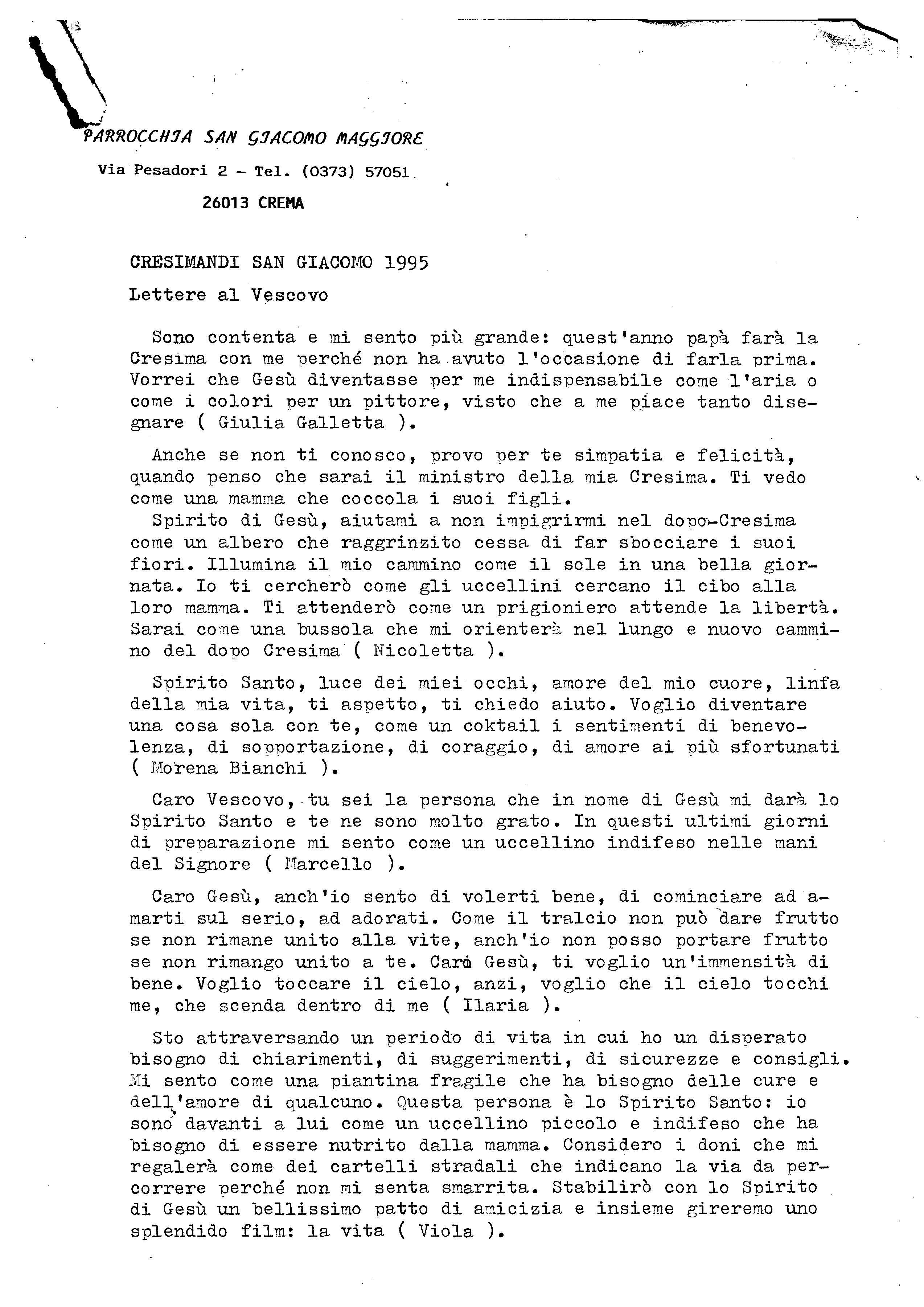 Lettera Dei Cresimandi Al Vescovo